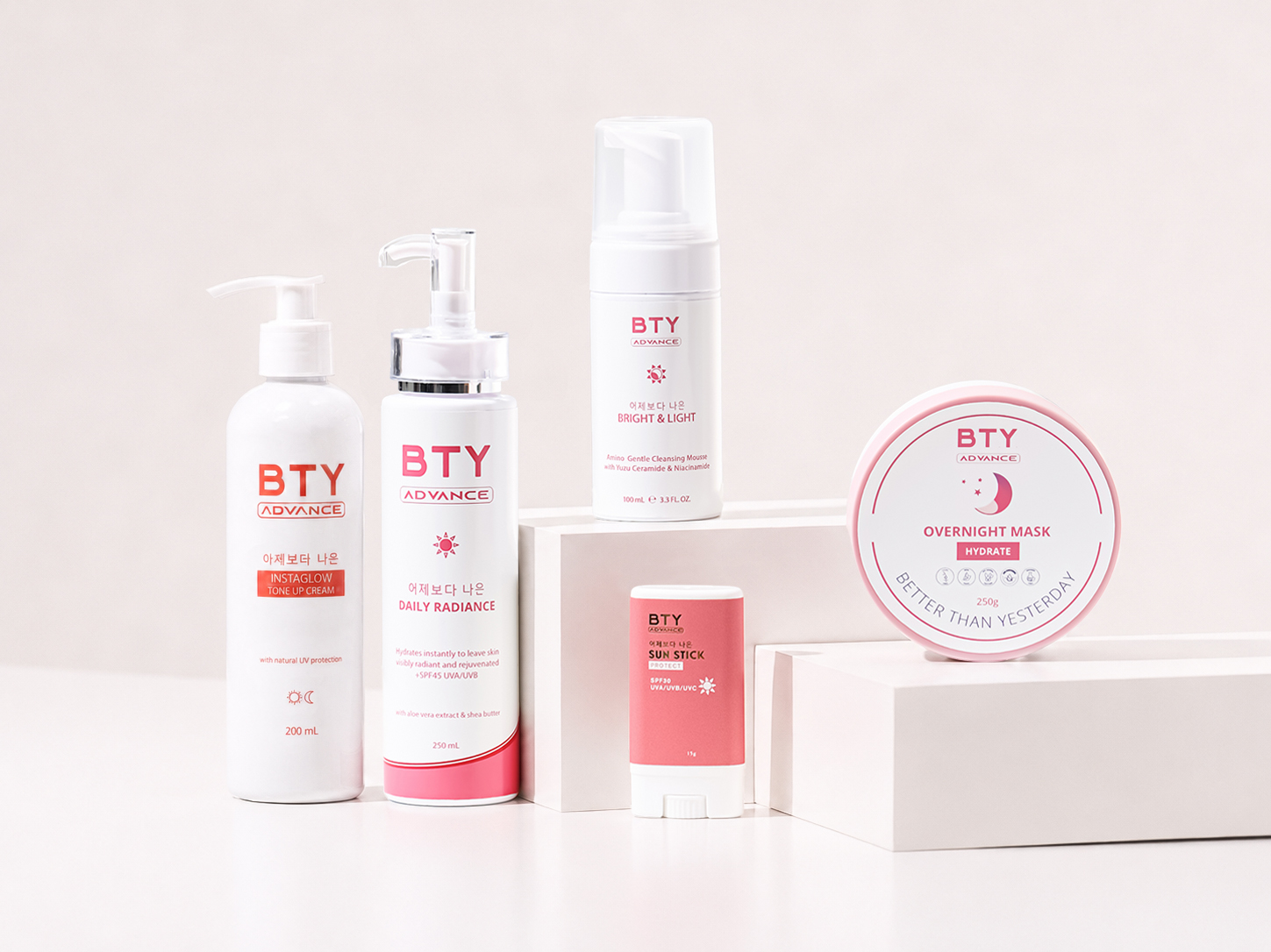 The full BTY Advance range: Instaglow Tone Up Cream, Daily Radiance, Bright & Light cleanser, Sun Stick, and Overnight Mask