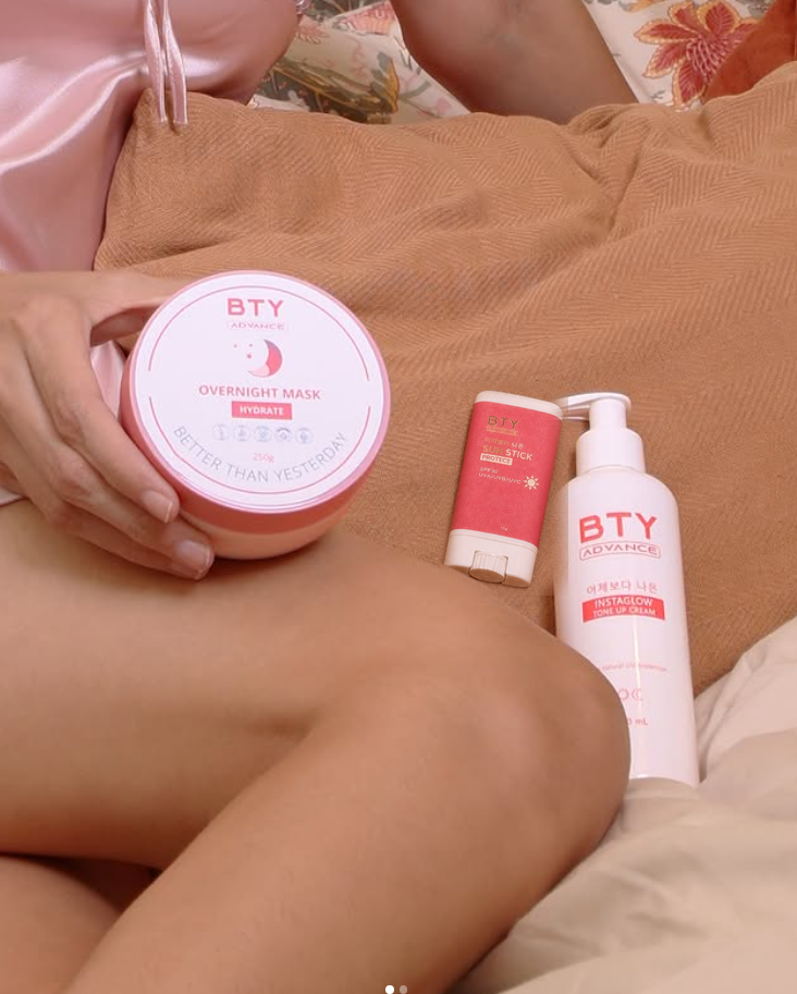 BTY Advance Overnight Mask, Sun Stick, and Instaglow Tone-up Cream for whitening