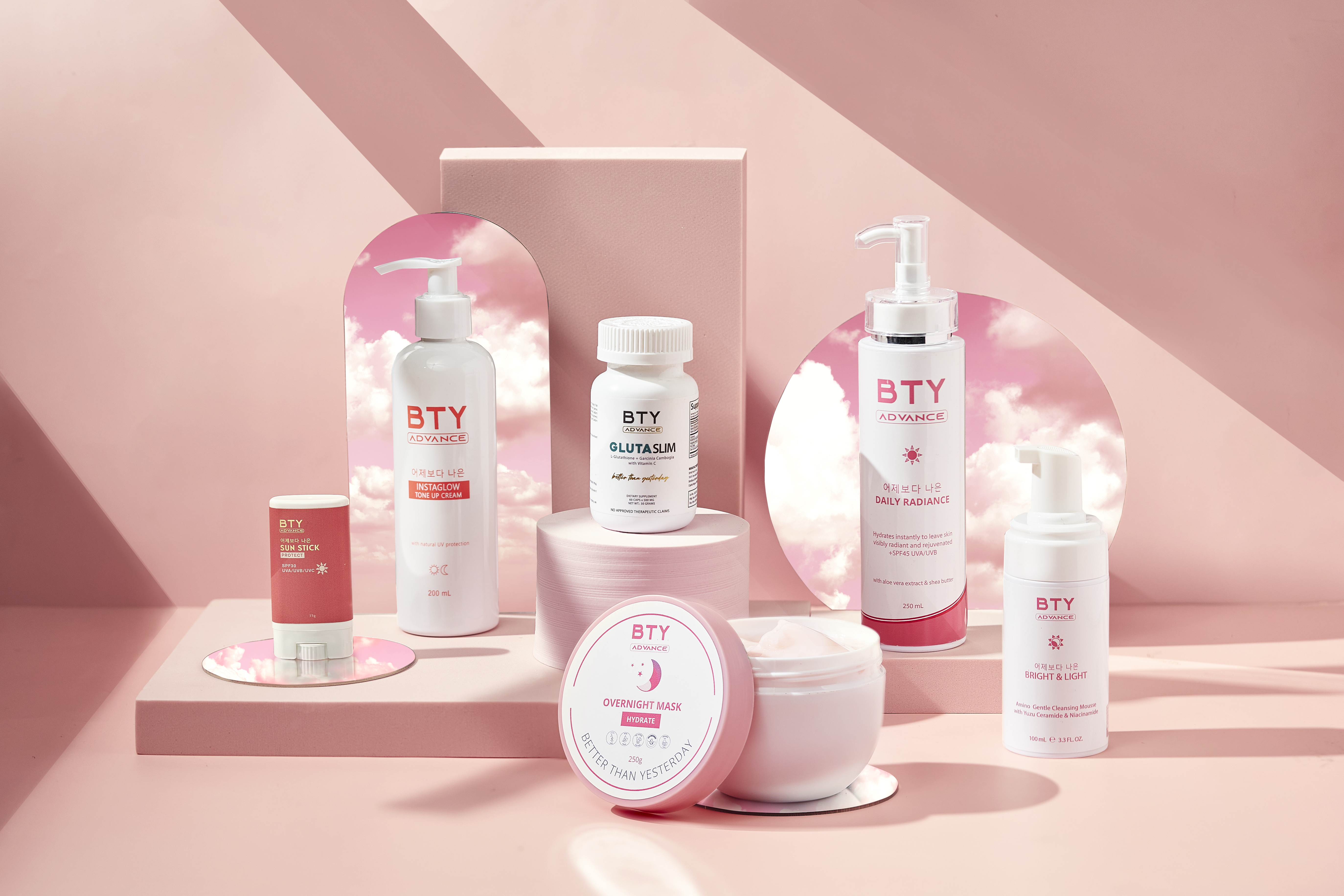 BTY Advance skincare products styled on a desk, from the how-to-order guide