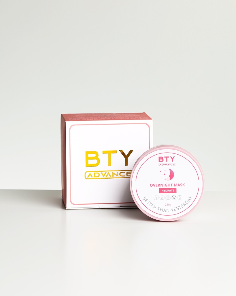 BTY Advance Overnight Mask on a stack of books