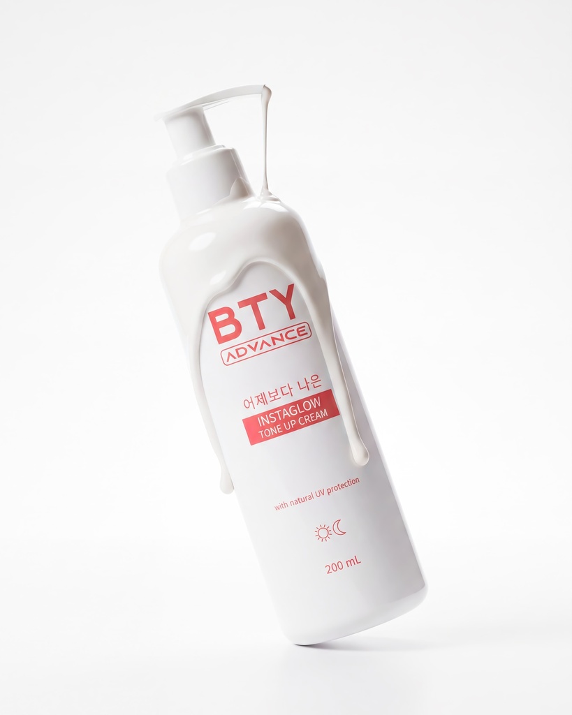 BTY Advance Instaglow Tone-Up Cream 200ml pump bottle on luxury vanity