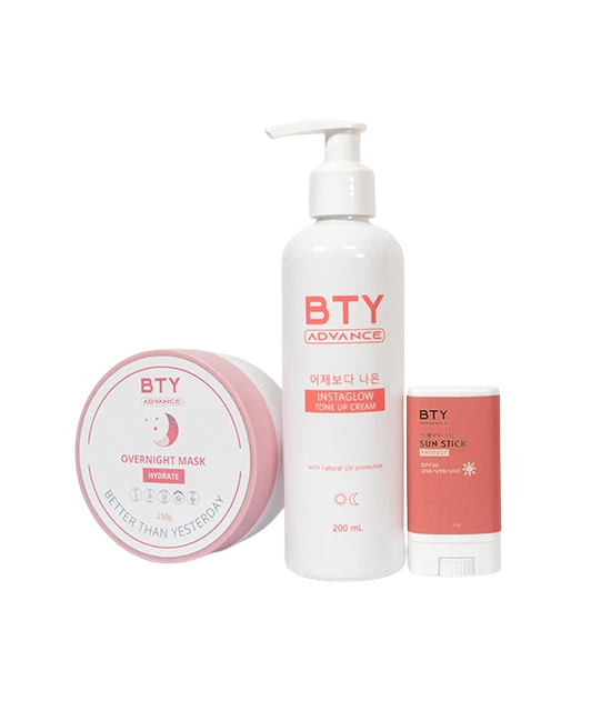 BTY Advance Instaglow, Overnight Mask, and Sun Stick
