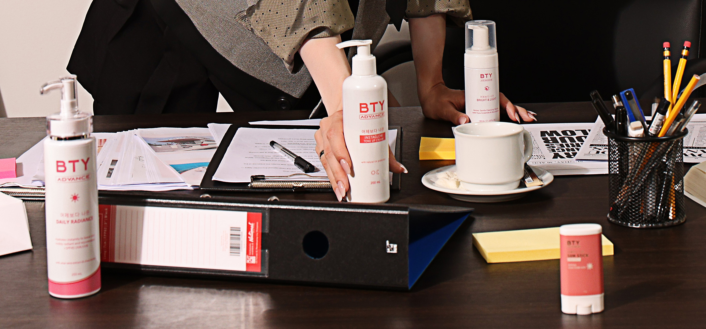 BTY Advance products displayed on an office desk