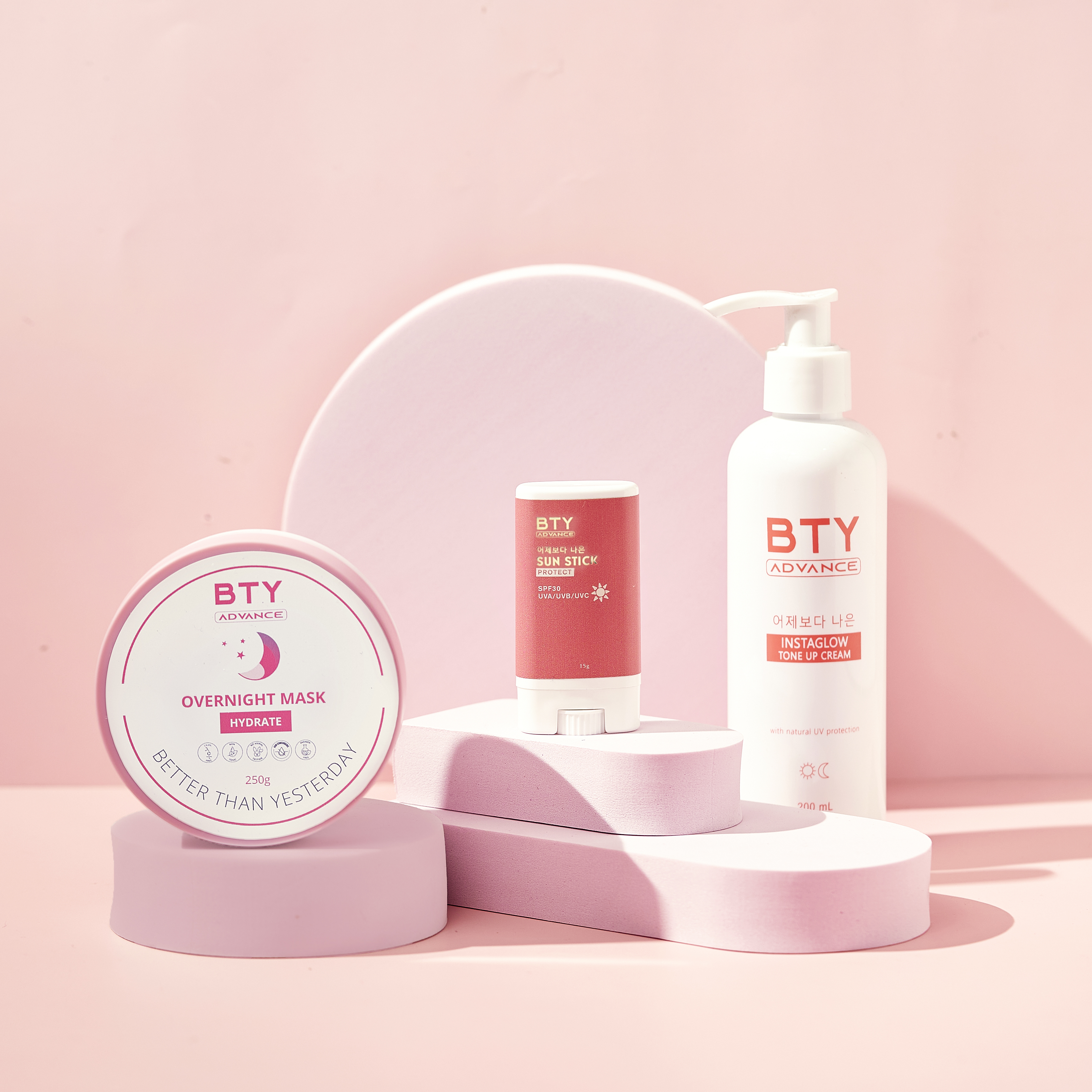 BTY Advance Overnight Mask, Sun Stick, and Instaglow Tone-up Cream