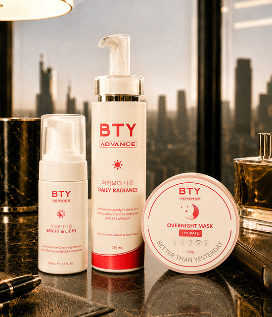 BTY Advance Bright & Light, Daily Radiance, and Overnight Mask on a dark table