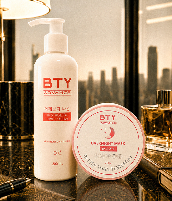 BTY Advance Instaglow and Overnight Mask on a dark table with a city view