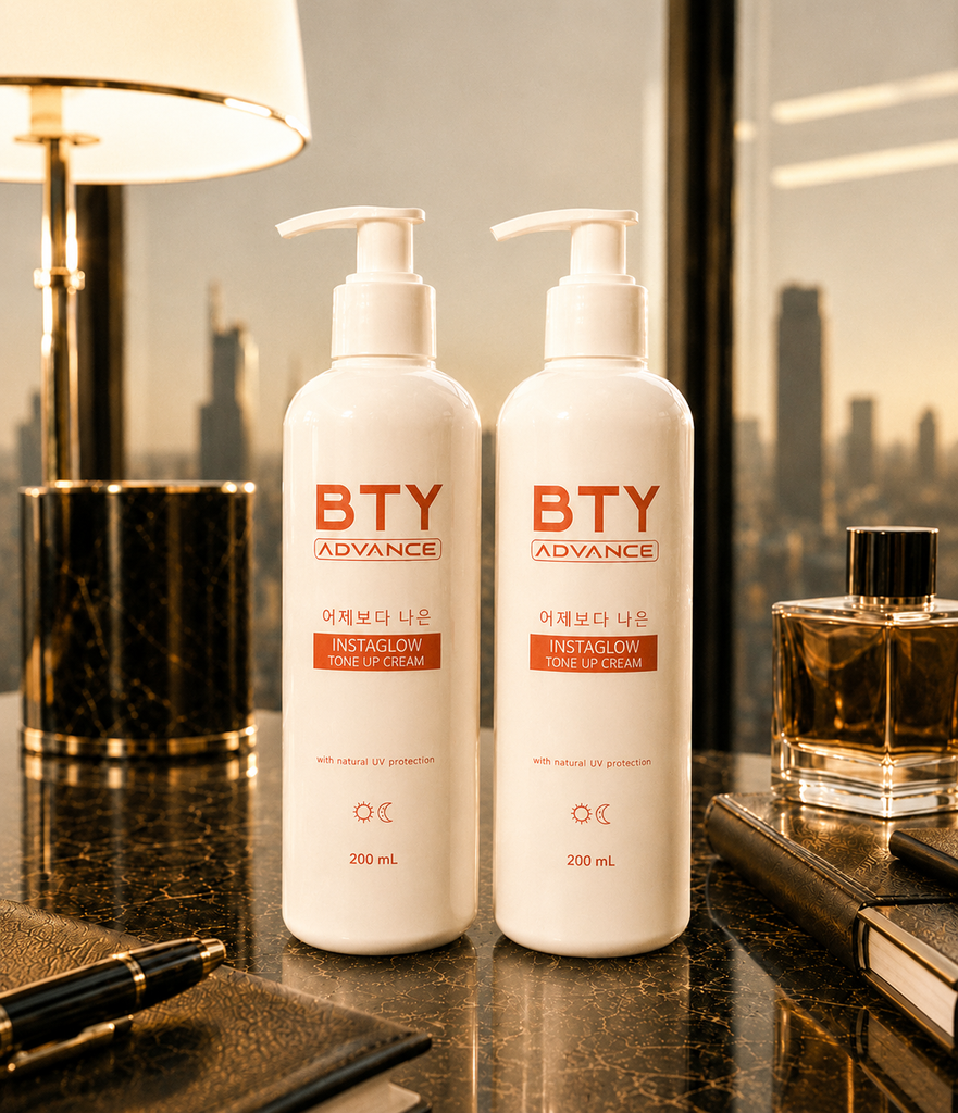 Two BTY Advance Instaglow Tone Up Cream bottles on table with city view