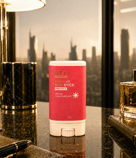 BTY Advance Sun Stick on a dark table with a city view
