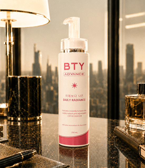 BTY Advance Daily Radiance on a dark table with a city view