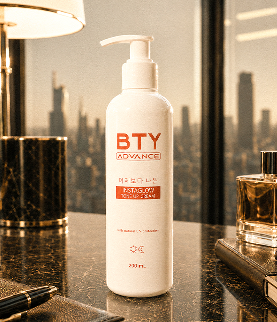 BTY Advance Instaglow Tone-Up Cream 200ml pump bottle on luxury vanity