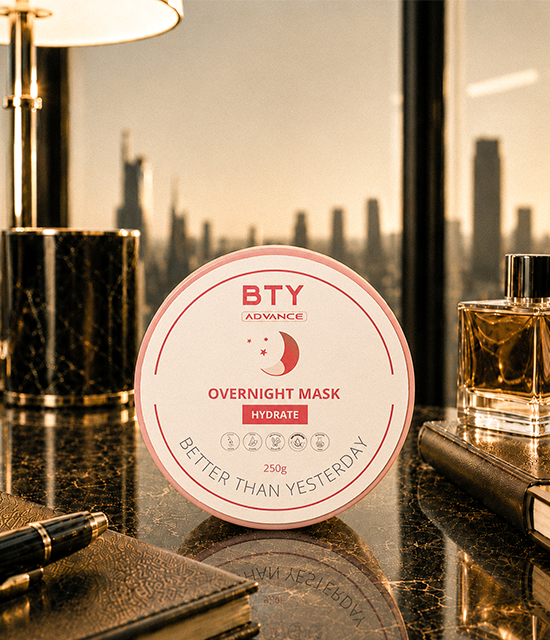 BTY Advance Overnight Mask on a dark table with a city view